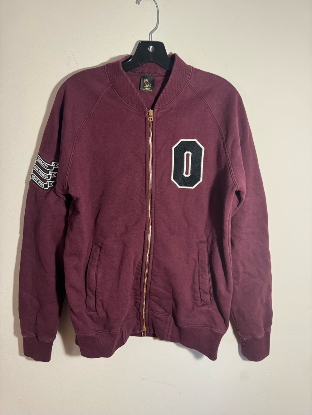 OVO Zip Up Sweater Mens Medium Burgundy Red October Varsity Patch‎ Jacket